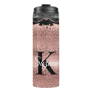 Girly Monogram Rose Gold Leopard und Black Marmor Thermosbecher