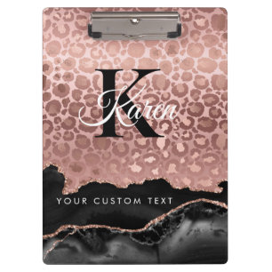 Girly Monogram Rose Gold Leopard und Schwarzer Mar Klemmbrett