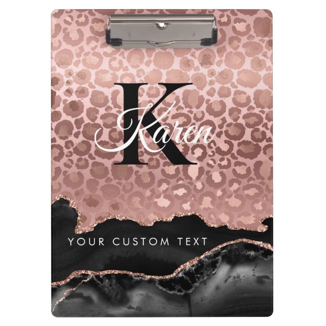 Girly Monogram Rose Gold Leopard und Schwarzer Mar Klemmbrett (Vorderseite)