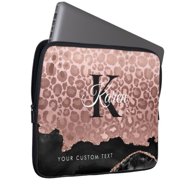 Girly Monogram Rose Gold Leopard und Schwarzer Mar Laptopschutzhülle (Vorne Rechts)