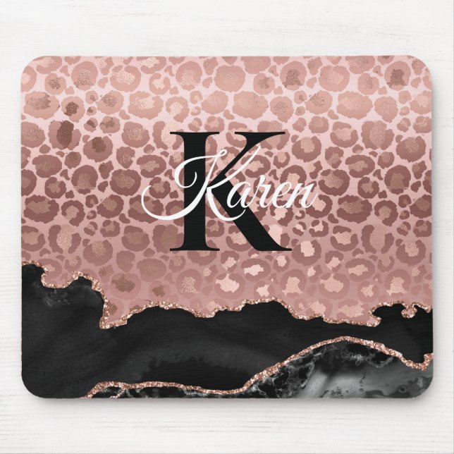 Girly Monogram Rose Gold Leopard und Schwarzer Mar Mousepad (Vorne)