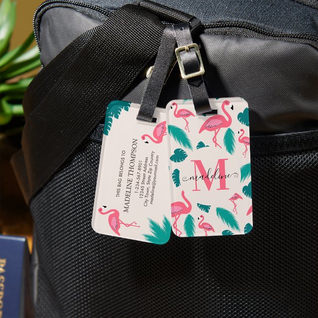 Girly Monogram Tropical Blätter Hot Pink Flamingo Gepäckanhänger (Von Creator hochgeladen)