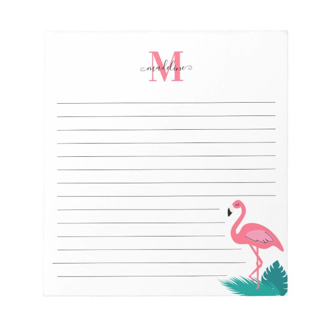 Girly Monogram Tropical Blätter Pink Flamingo Line Notizblock (Vorderseite)