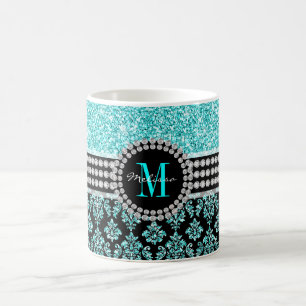 Girly Monogramm-Aqua-blauer Glitzer-Damast-Name Kaffeetasse