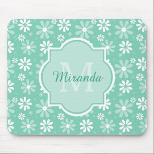 Girly Monogramm-Minzen-weißes Gänseblümchen-Blu Mousepad