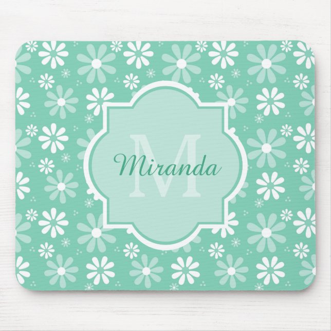 Girly Monogramm-Minzen-weißes Gänseblümchen-Blumen Mousepad (Vorne)