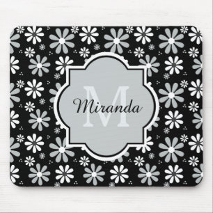 Girly Monogramm-Schwarz-weiße Gänseblümchen-Blumen Mousepad