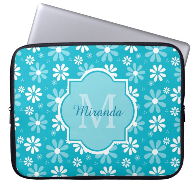 Girly Monogramm-Türkis-Gänseblümchen-Blumen mit Laptopschutzhülle (Vorderseite)