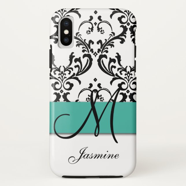 Girly Monogramm-Türkis-Schwarz-Wirbels-Damast Case-Mate iPhone Hülle (Rückseite)