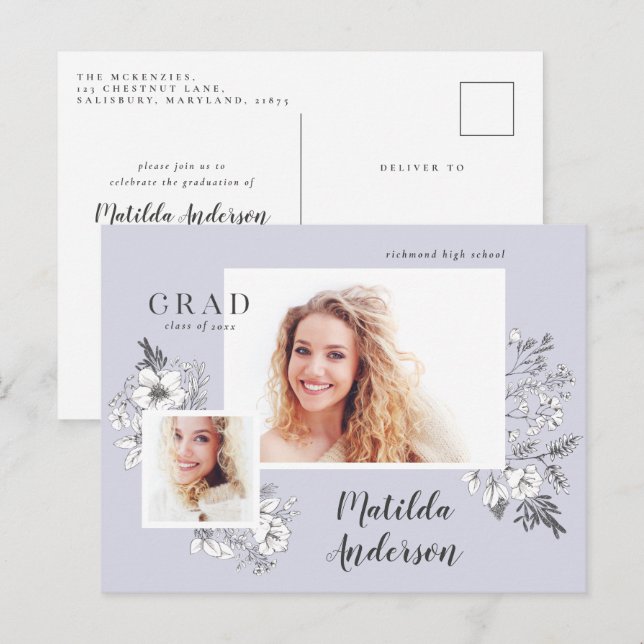 Girly Multi-Foto Blütenelegante Abschlussfeier Einladungspostkarte (Vorne/Hinten)