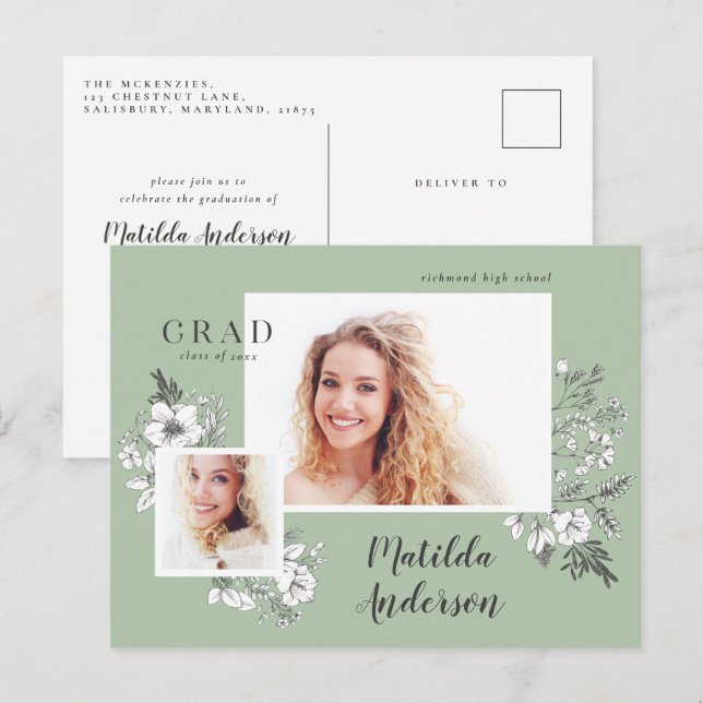 Girly Multi-Foto Blütenelegante Abschlussfeier Einladungspostkarte (Vorne/Hinten)