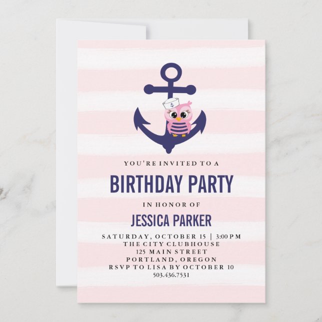 Girly Nautical Anchor mit Owl and Stripe Birthday Einladung (Vorderseite)