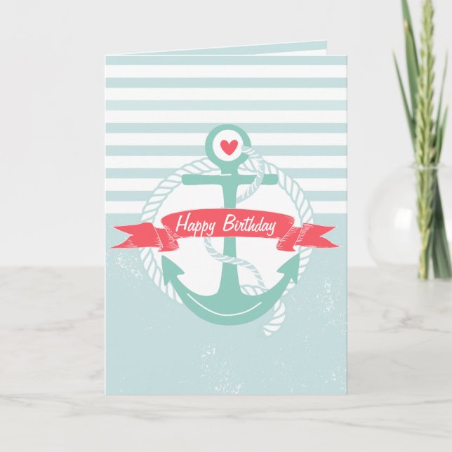 Girly Nautical Anchor Personalized Happy Birthday Karte (Vorderseite)