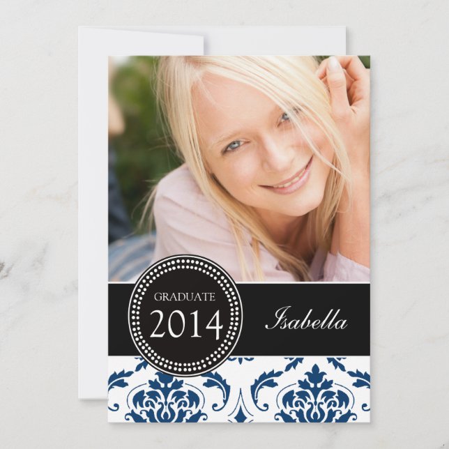 GIRLY NAVUE BLUE DAMASK GRADUAT PARTY EINLADUNG (Vorderseite)