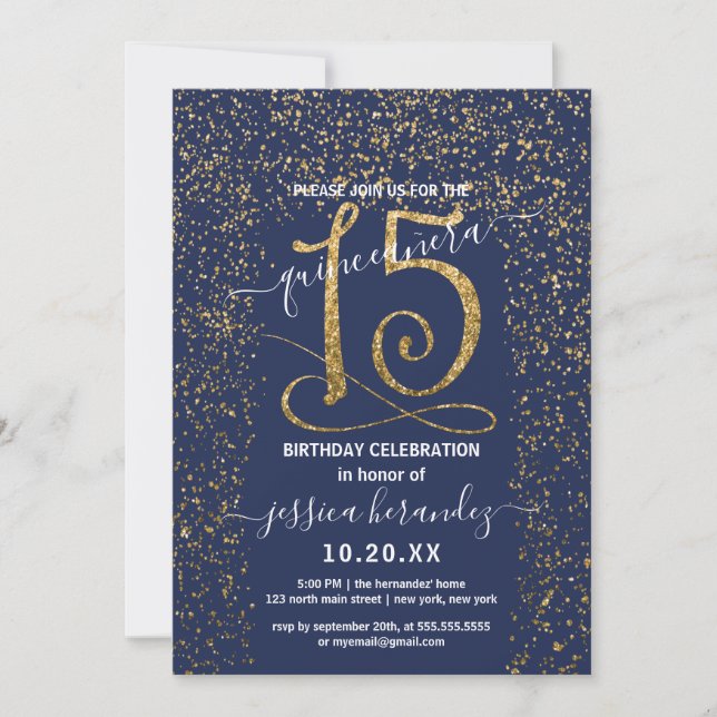 Girly Navy Blue Gold Confetti Border Quinceañera Einladung (Vorderseite)
