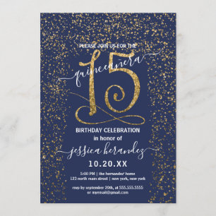 Girly Navy Blue Gold Confetti Border Quinceañera Einladung