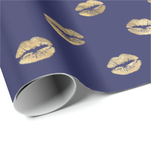 Girly Navy Blue Gold Kiss Lips Muster Geschenkpapier
