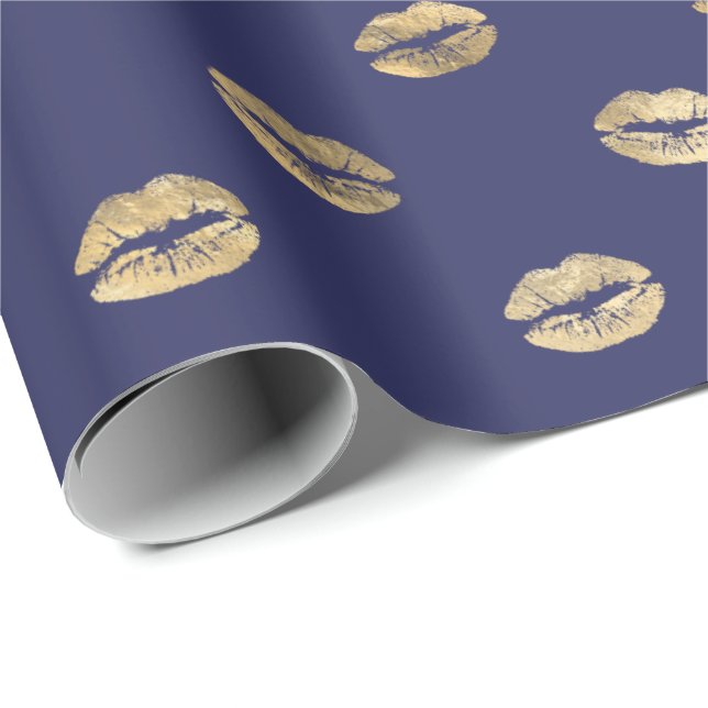 Girly Navy Blue Gold Kiss Lips Muster Geschenkpapier (Rolleneckpunkt)