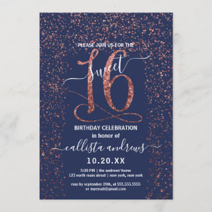 Girly Navy Blue Rose Gold Confetti Border Sweet 16 Einladung
