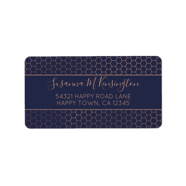 Girly Navy Blue und Rose Gold Foil Geometric Adressaufkleber (Vorne)
