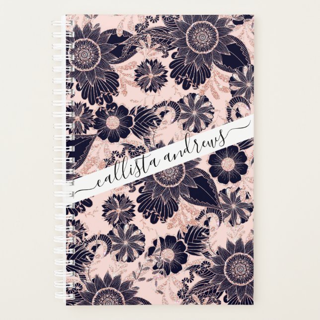 Girly Navy Rose Gold Glitter Floral Illustrations Planer (Vorderseite)