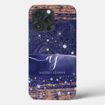 Girly Navy Rose Gold Glitzer Stars Foliage 