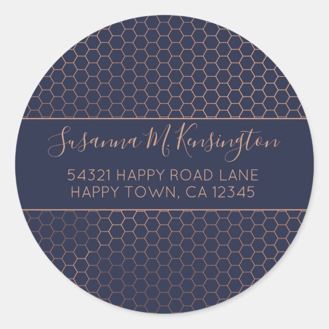 Girly Navy und Rose Gold Foil Hexagon Runder Aufkleber (Vorderseite)