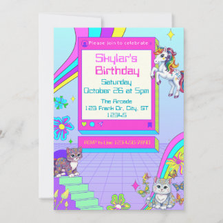 Girly Neon Gamer Geburtstagsparty mit Tieren Einladung