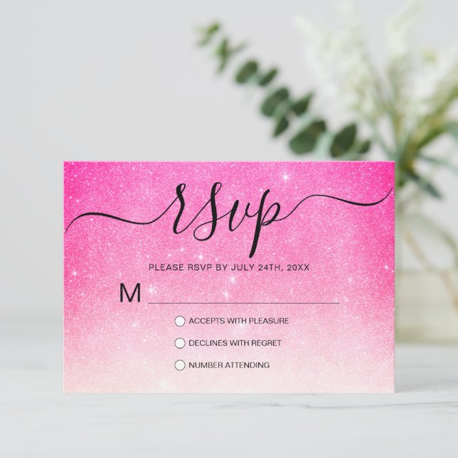 Girly Neon Pink White Glitzer Ombre RSVP Karte (Stehend Vorderseite)