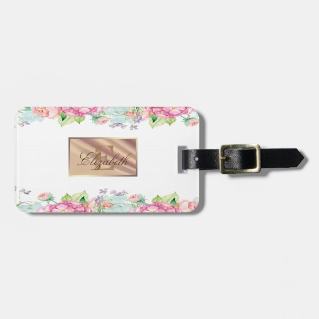Girly Niedlich Floral, Frame monogram Personalisie Gepäckanhänger (Vorderseite horizontal)
