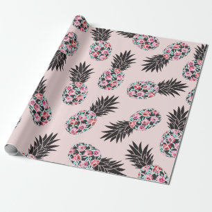 Girly Niedlich Floral Pink Schwarzer Ananas Muster Geschenkpapier