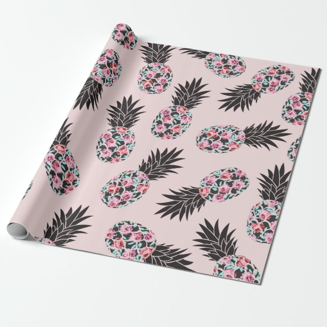 Girly Niedlich Floral Pink Schwarzer Ananas Muster Geschenkpapier (Ungerollt)