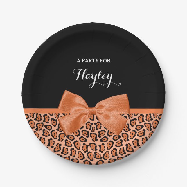 Girly Orange Black Jaguar Niedliche Ribbon mit Nam Pappteller (Vorderseite)