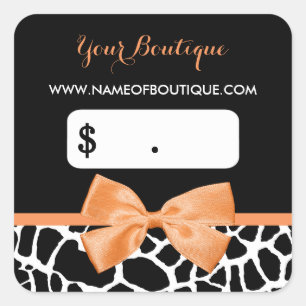 Girly Orange Bow Giraffe Print Boutique Price Tags Quadratischer Aufkleber