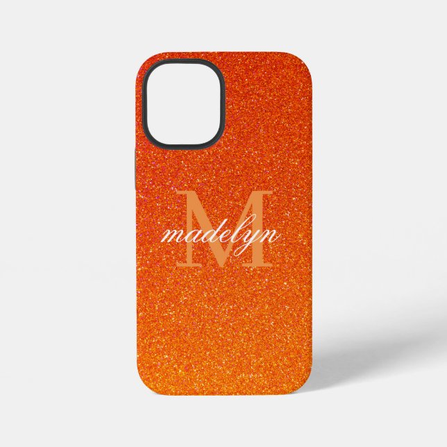 Girly Orange Glitter Sparkles Monogram Script Name iPhone Hülle (Rückseite)
