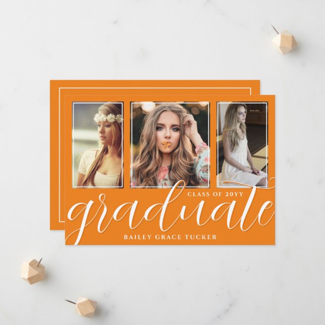 Girly Orange Graduate Script 3-Foto Abschluss Ankündigung (Vorderseite/Rückseite Beispiel)