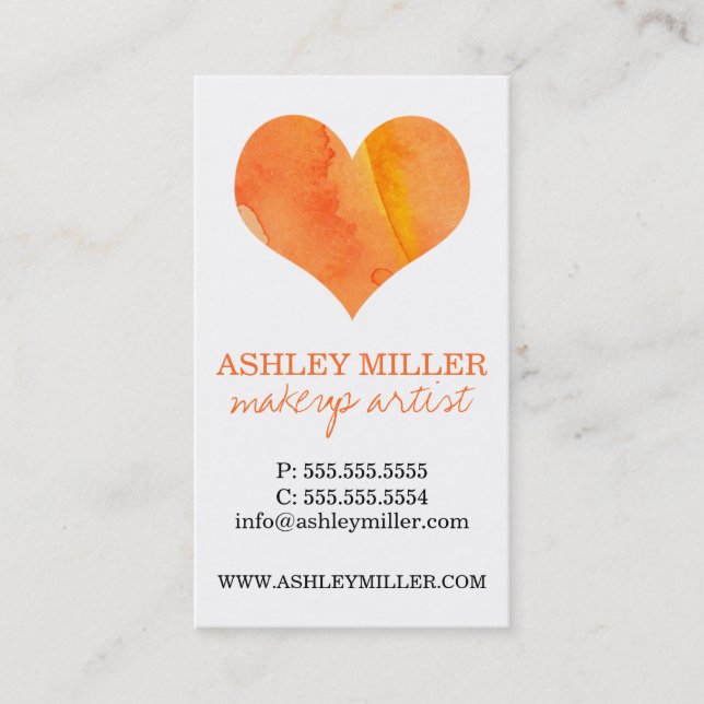 Girly Orange Wasserfarbe Herz Polka Dot Hintergrun Visitenkarte (Vorderseite)