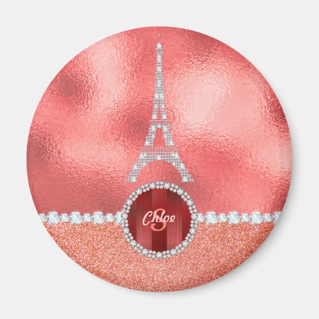 Girly Paris Diamond Eiffel Tower Rose Gold Magnet (Vorne)