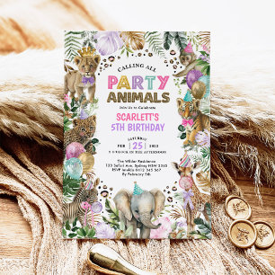 Girly Party Animals Wild Jungle Safari Geburtstag Einladung
