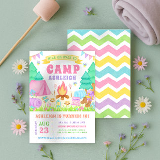 Girly Pastel Camping Birthday Invitation Einladung