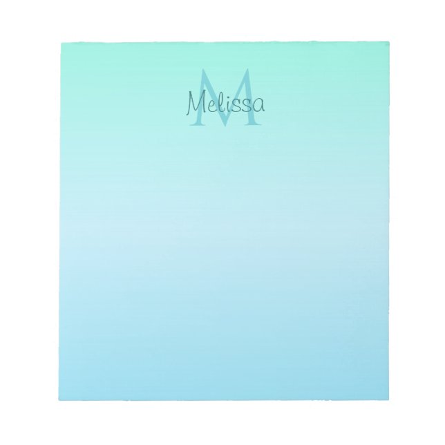 Girly Pastel Green Blue Ombre Monogram Notizblock (Vorderseite)