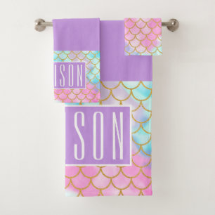 Girly Pastel Ombre Gold Glitzer Mermaid Name Badhandtuch Set