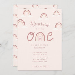 Girly Pastel Pink Rainbow Wolken Erster Geburtstag Einladung