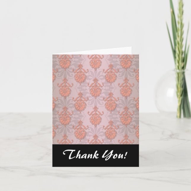 Girly Peach Damask Dankeskarte (Vorderseite)