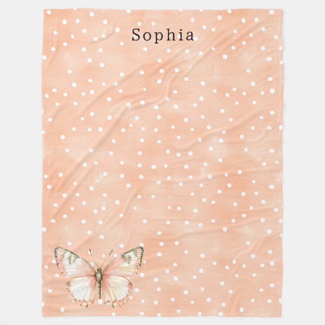 Girly Peach White Dots Butterfly   Fleecedecke (Vorderseite)