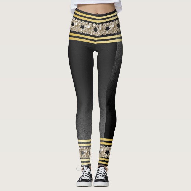 Girly Pearls Moderne Gold Black Stripes Stilvoll Leggings (Vorderseite)