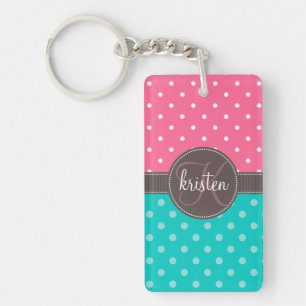 Girly personalisierte rosa u. aquamarine Punkte Schlüsselanhänger
