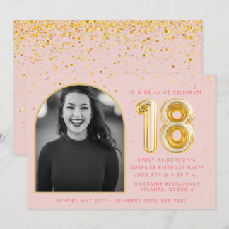 Girly Pink 18. Geburtstag Gold Ballon Confetti Einladung