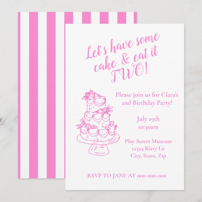 Girly Pink 2nd Birthday Invitation - Cake Theme  Einladung (Vorne/Hinten)