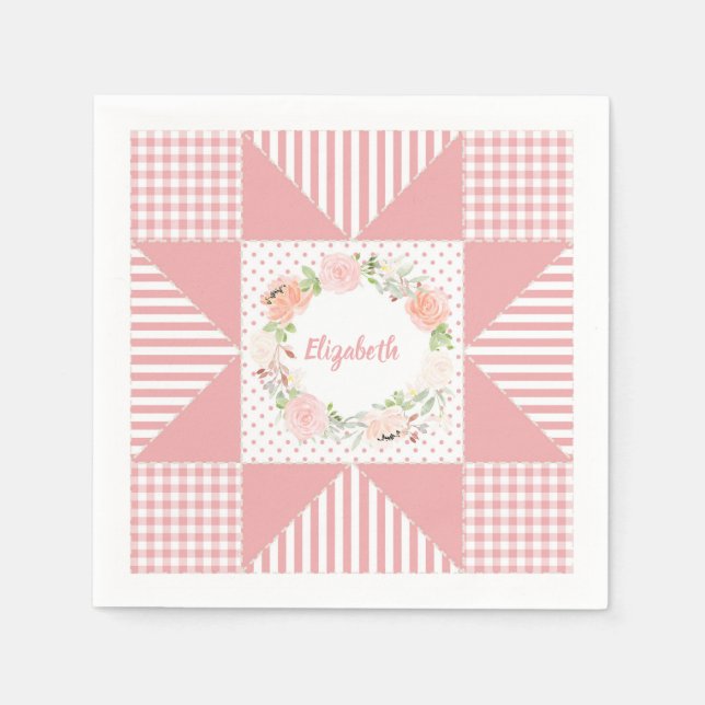 Girly Pink Abend Star Quilt Rose Wreath und Name Serviette (Vorderseite)